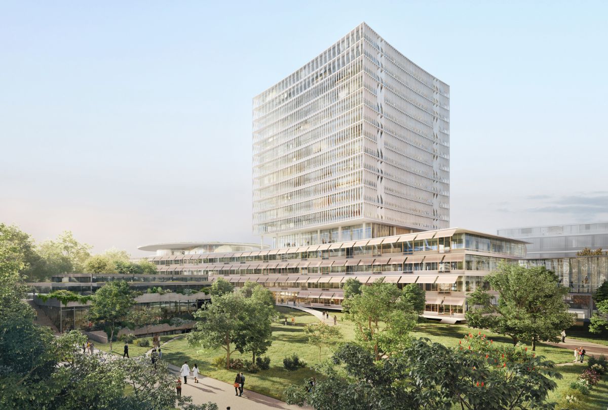 Visualisierung des geplanten Neubaus Klinikum 3, Blick vom Spitalgarten