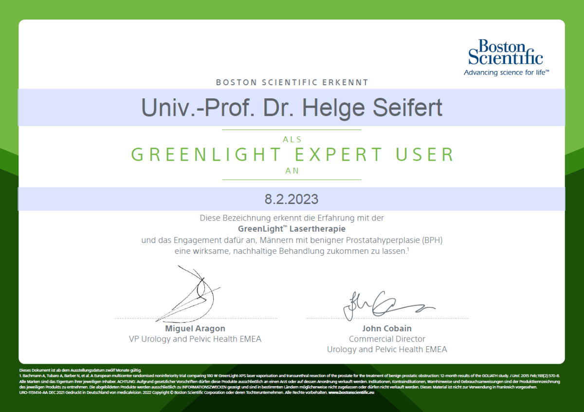 Zertifikat von Boston Scientific für Helge Seifert als Greenlight Expert User