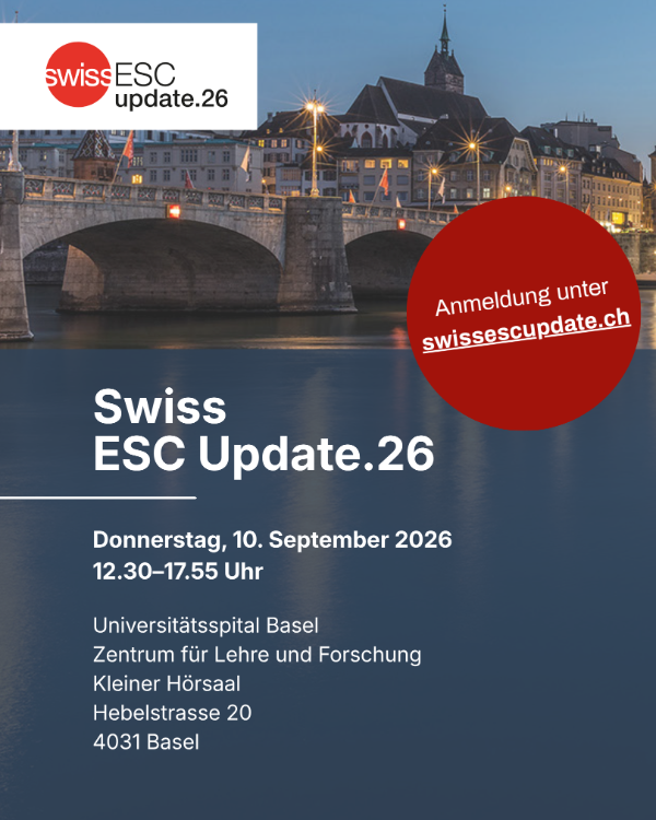 Am Donnerstag, 10. September 2026 findet das Swiss ESC Update.26 am Universitätsspital Basel statt. Im Mittelpunkt stehen die wichtigsten neuen Erkenntnisse und Empfehlungen des ESC Congress 2026 und ihre Relevanz für die kardiologische Praxis.