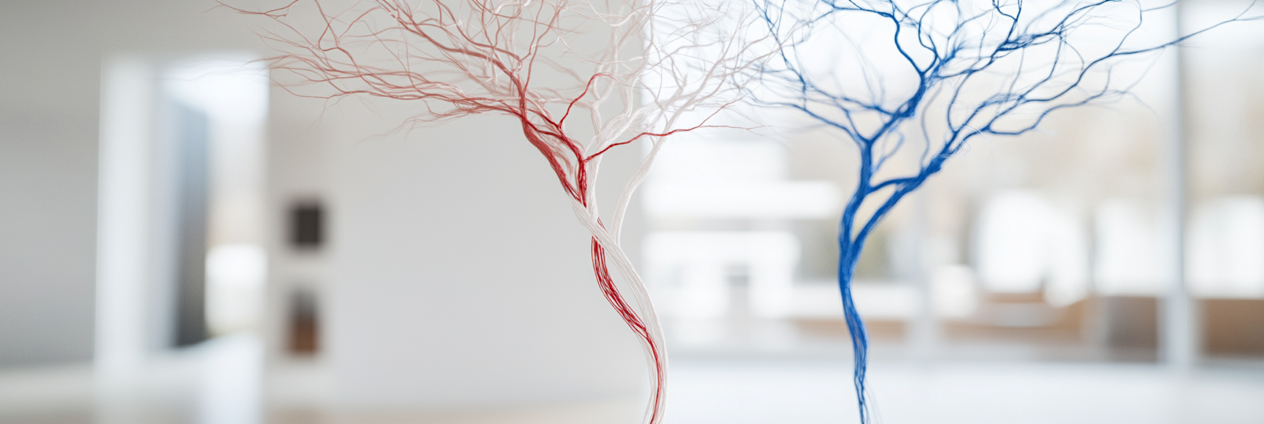 Abstrakte Darstellung von roten und blauen verflochtenen Linien, die an Blutgefäße oder neuronale Netzwerke erinnern, auf hellem, unscharfem Hintergrund – symbolisiert medizinische Vernetzung und interdisziplinären Austausch.