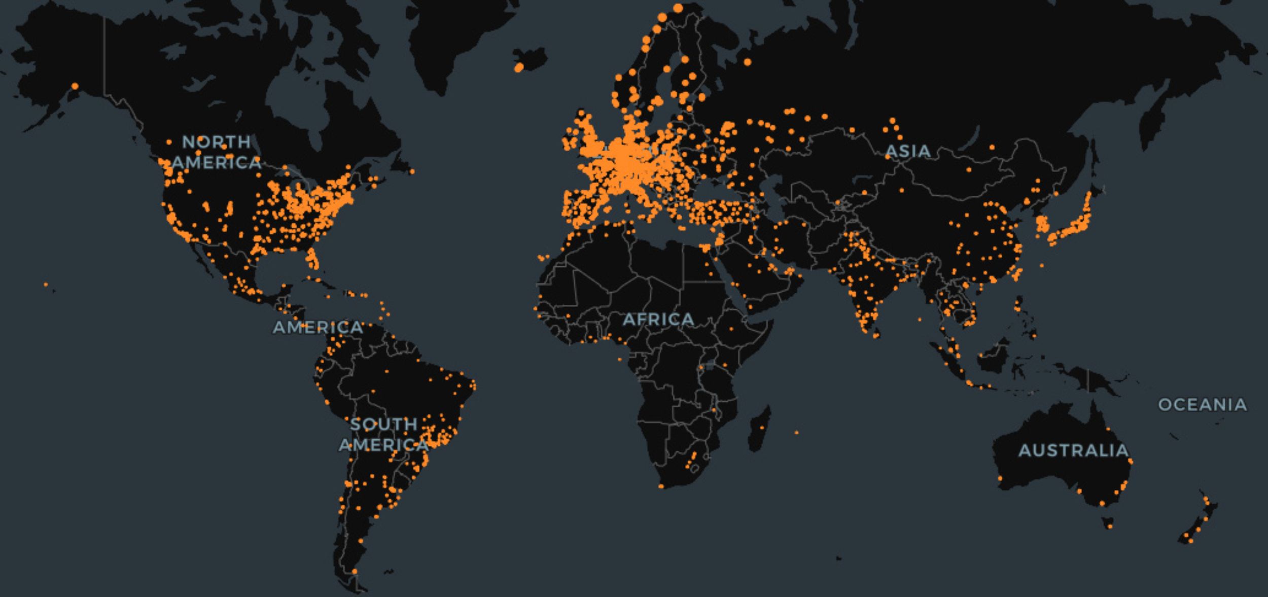 Une carte du monde avec des points de repère orange