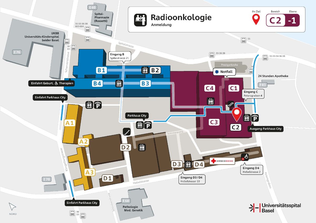 Lageplan der Radioonkologie am Universitätsspital Basel