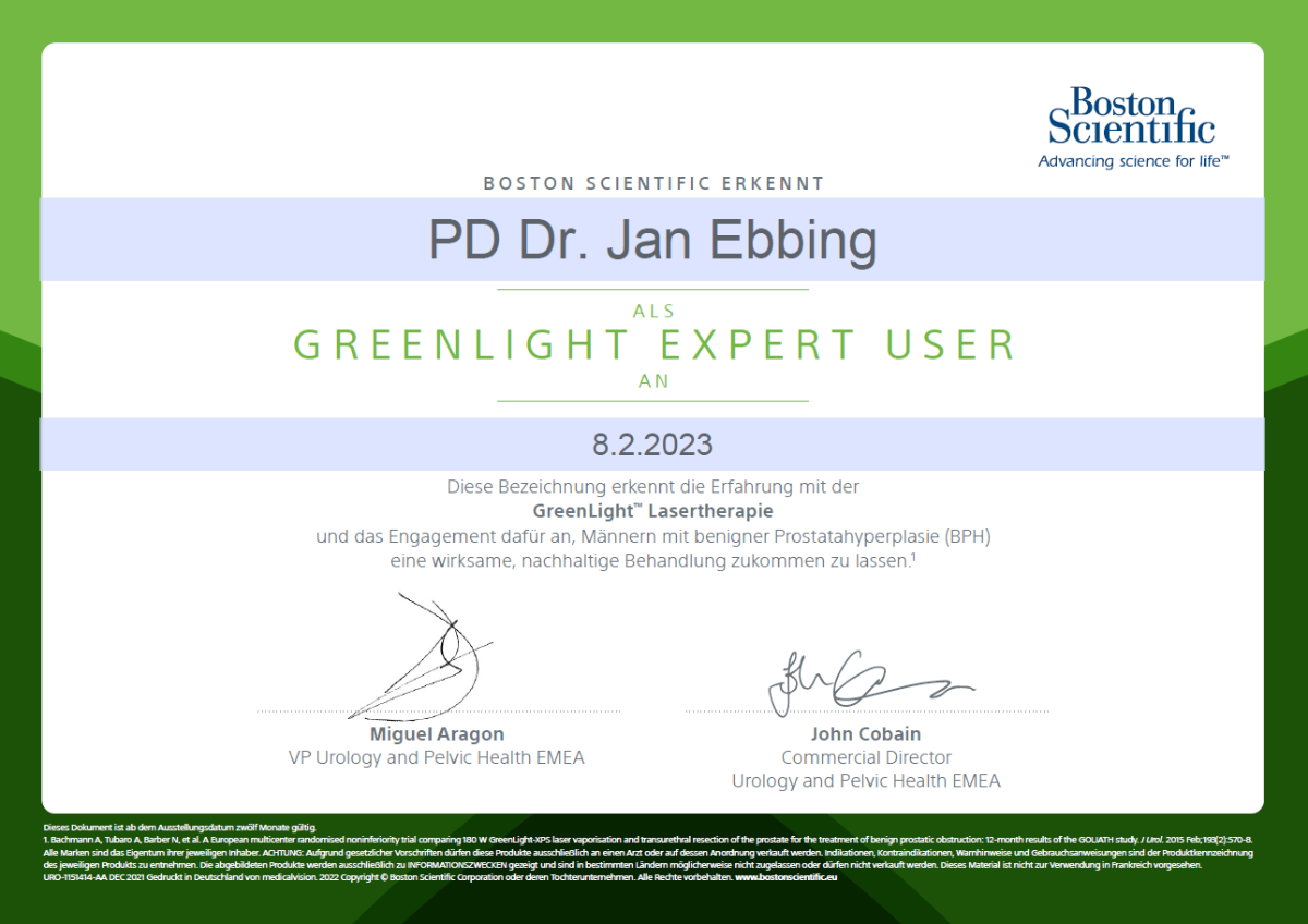 Zertifikat von Boston Scientific für Jan Ebbing als Greenlight Expert User