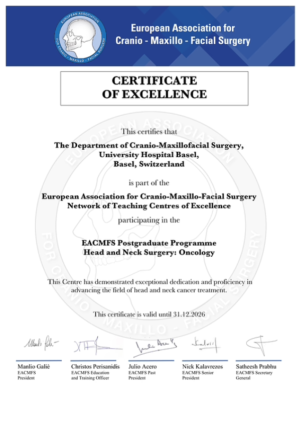 Die Klinik für Mund-, Kiefer- und Gesichtschirurgie des Universitätsspitals Basel wurde mit dem EACMFS Certificate of Excellence ausgezeichnet.